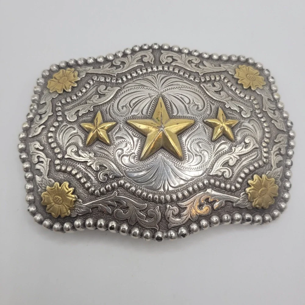 Cody James Triple Star Belt Buckle Silver Gold Western Cowboy Engraved Scalloped